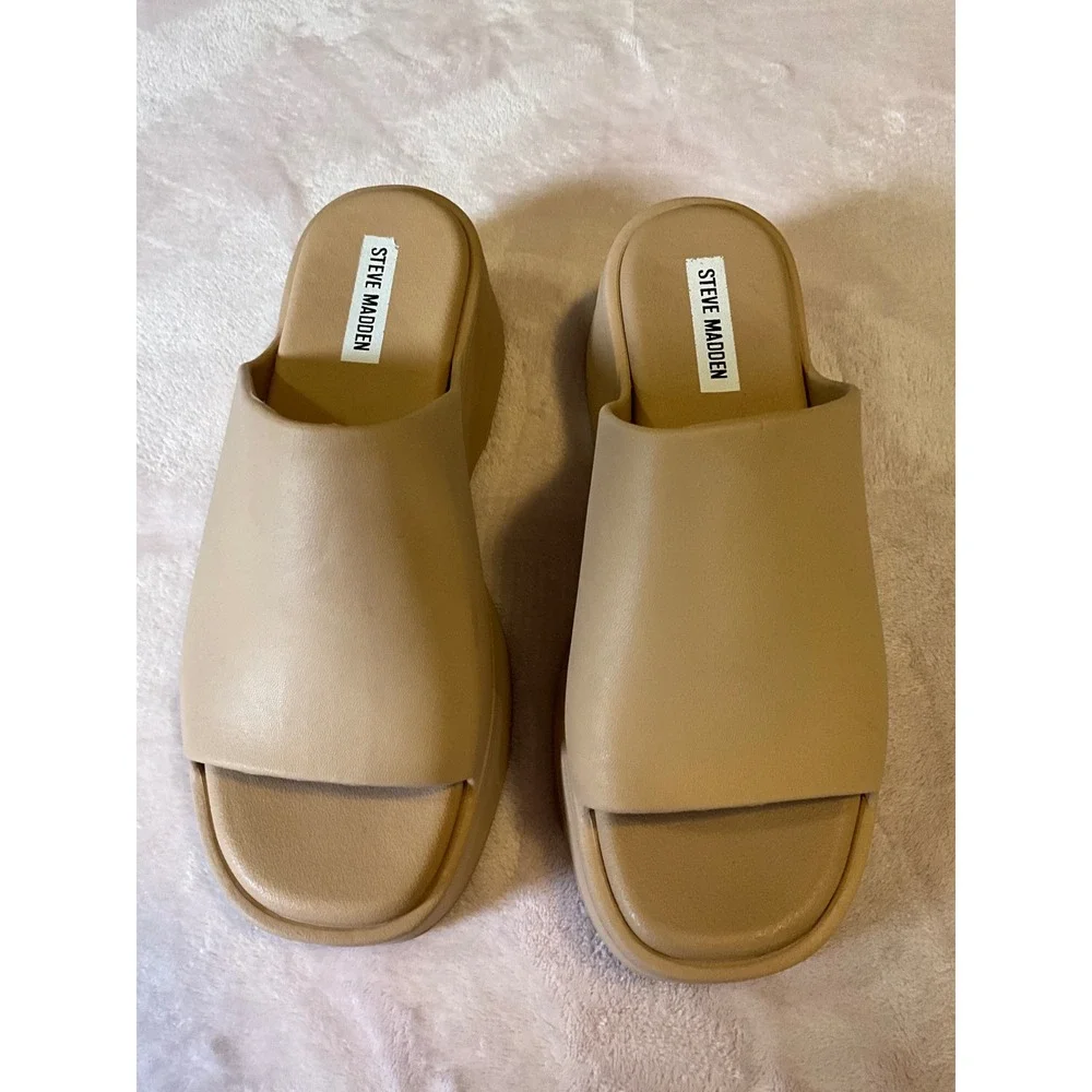Steve Madden Womens Tan Beige Platform Slide Sandals Chunky Mules Size 9